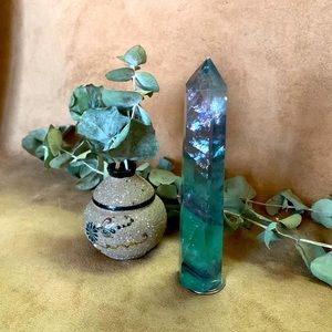Purple and Green Fluorite Tower with Big Rainbows (gem quality)